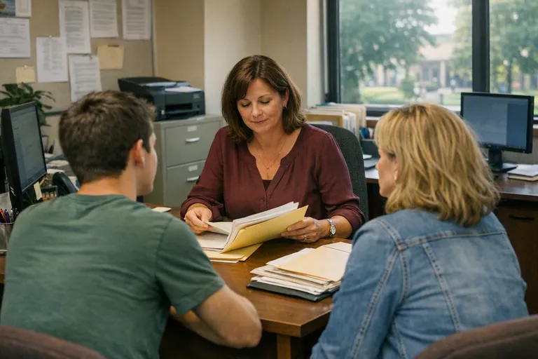 A financial aid counselor sits at a desk with paper folders while a student and parent meet in a campus office with daylight coming through the window.