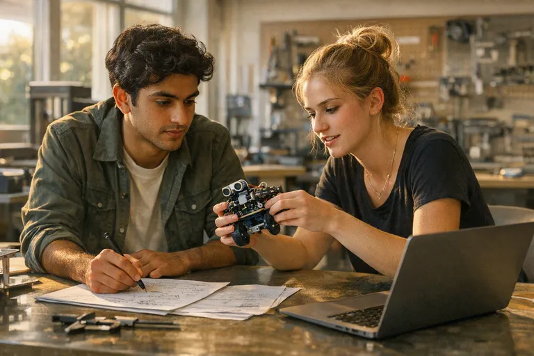 Two student founders sit at a worktable in a campus makerspace, discussing a prototype and notes beside a laptop.