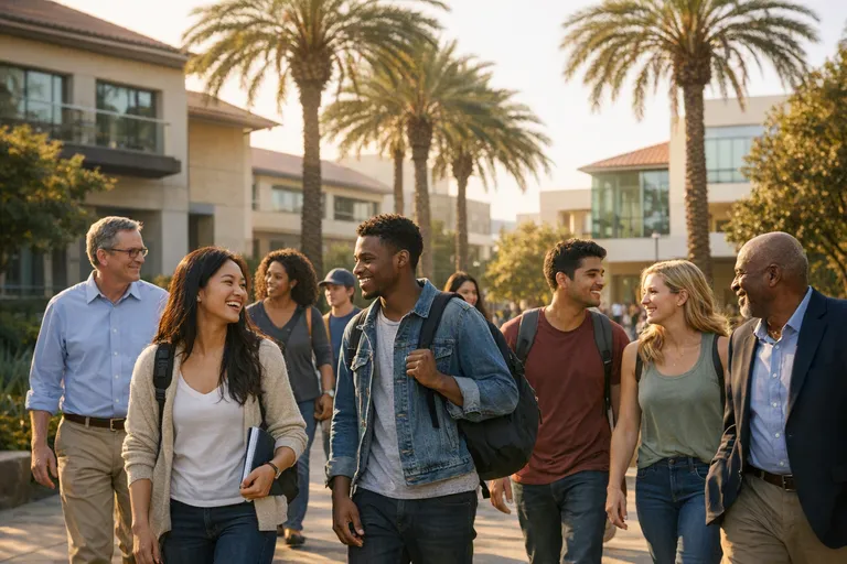 A group of students and campus staff walks across a college courtyard with palm trees and academic buildings in the background.