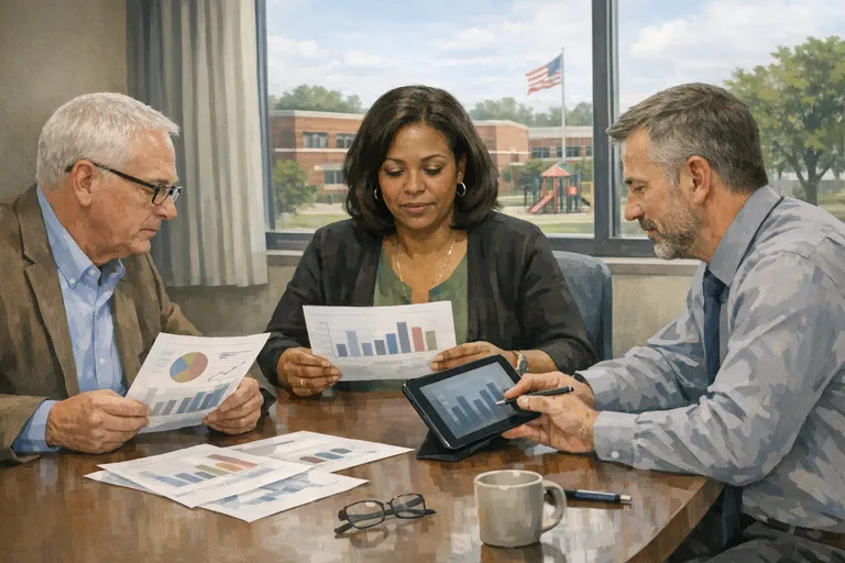 Three school administrators sit around a conference table reviewing printed charts and blurred graph displays in a school office.