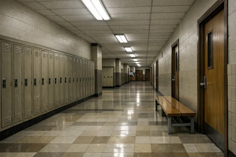 Empty school hallway with lockers, classroom doors, tile floors, and benches under overhead lights.