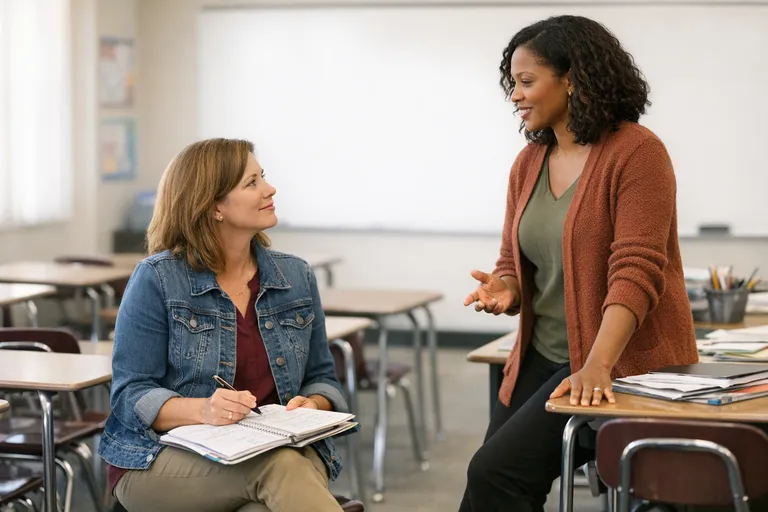 Two teachers talk in an empty classroom, with notebooks and lesson materials spread across student desks.