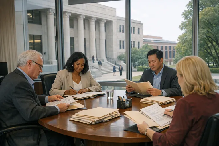 Admissions staff sit around a conference table reviewing application folders in a modern office, with a law school building visible through the windows.