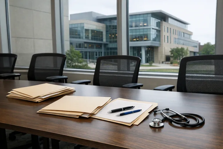 A quiet medical school conference room with folders on a table and a campus building visible through large windows.