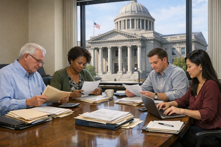 University administrative staff sit around a conference table reviewing student files and paperwork in an office, with a courthouse visible through the window behind them.