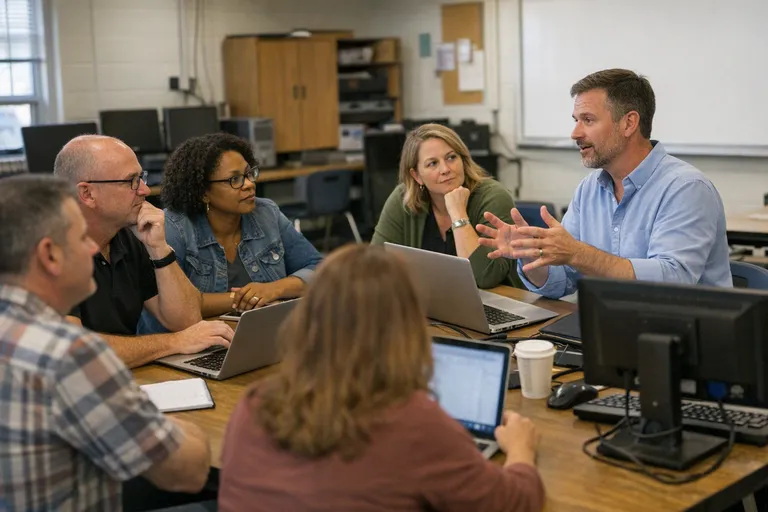 Several teachers sit together in a school computer lab, looking at laptops and desktop monitors while an instructor stands nearby and leads the session.