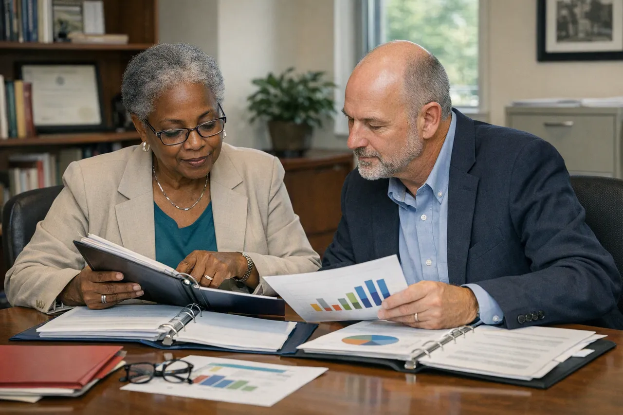 Two college administrators review binders and printed charts at a conference table in a campus office.