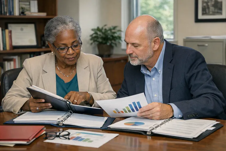 Two college administrators review binders and printed charts at a conference table in a campus office.