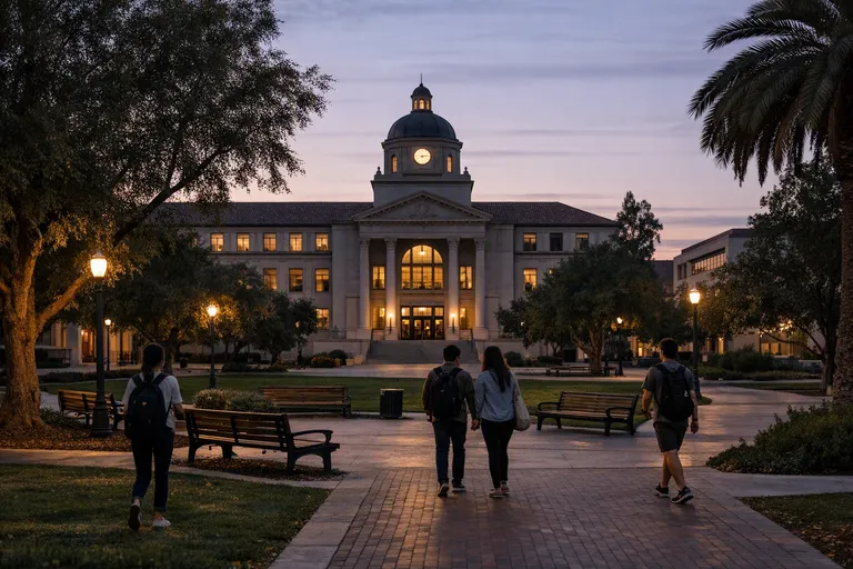 A quiet university quad at dusk with an administrative building, trees, benches, and a few students walking across campus.