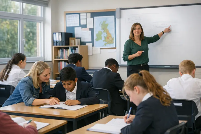 A teacher leads a lesson in a secondary classroom while pupils work at their desks, with one student receiving quiet support beside classmates.