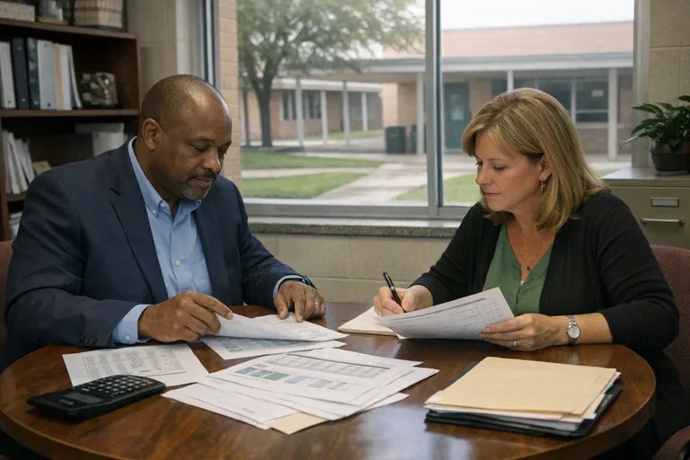 A school principal and assistant sit at a table in a campus office reviewing papers, with a quiet courtyard visible through the window.