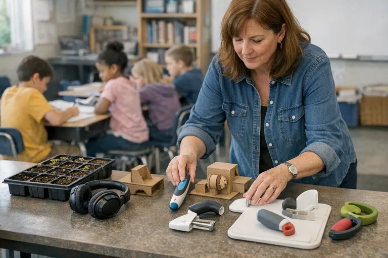 An educator stands at a classroom table with small project materials including headphones, a scanning pen, seed trays, cardboard models, and adaptive kitchen tools while students work nearby.