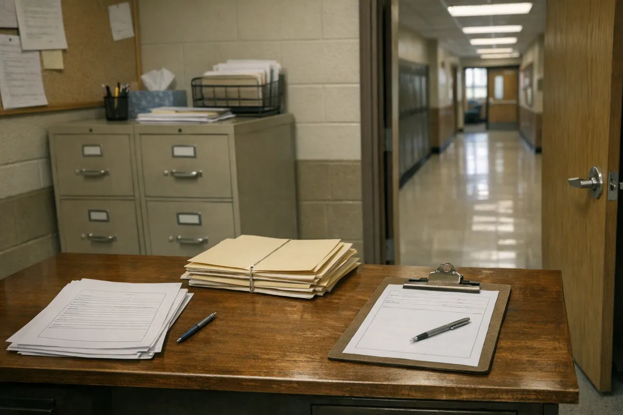 A school counseling office desk with blank forms, folders, and a clipboard, with a file cabinet and hallway in the background.