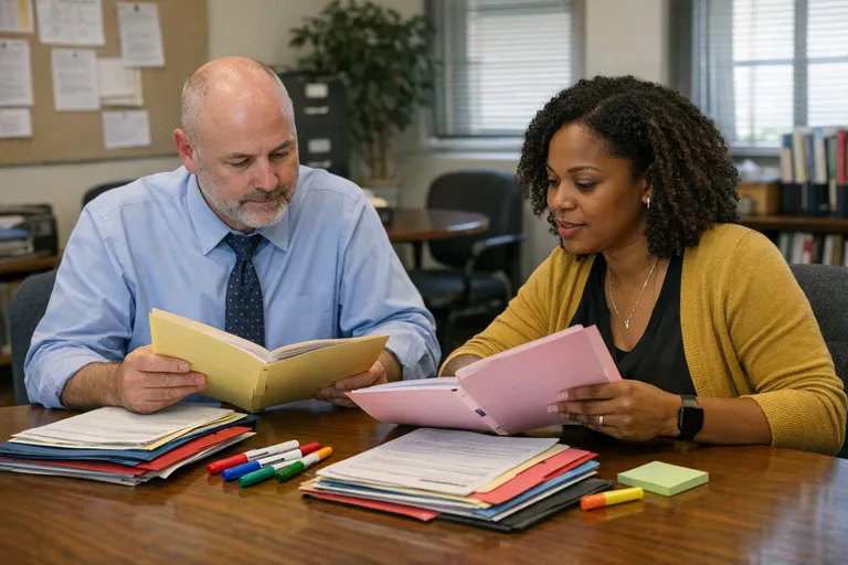 A school administrator and counselor sit at a conference table in a quiet office, reviewing paper folders and notes in daylight.