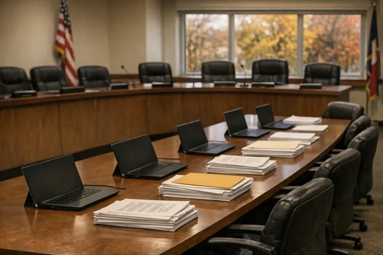 An empty school board meeting room with chairs around a long table, laptops, and stacks of printed documents.