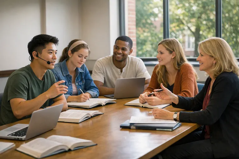 A college instructor and four students sit around a classroom table with laptops and books while one student speaks into a headset microphone.