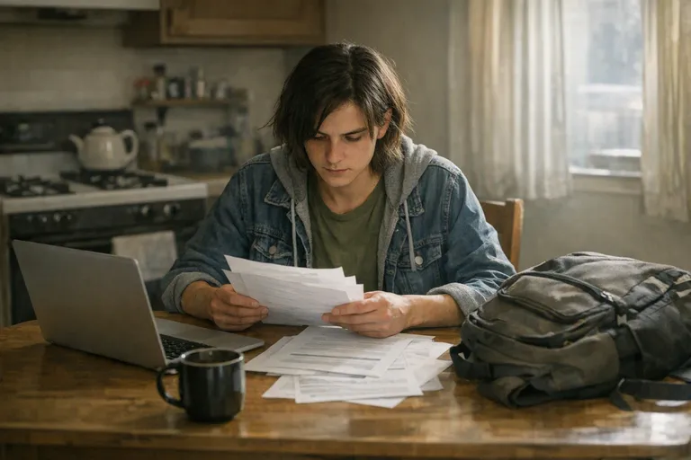 A young adult sits at a kitchen table with a laptop, papers, a backpack, and a coffee mug while preparing for college enrollment.