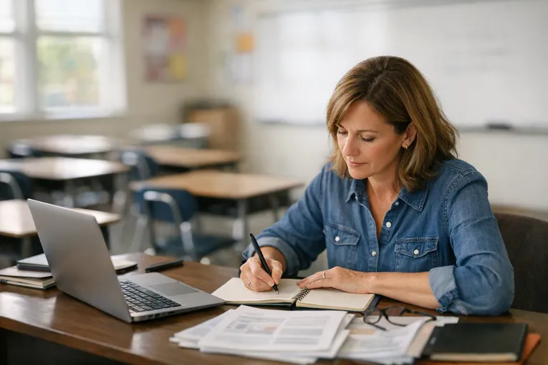 A teacher sits at a classroom desk with a laptop, paper lesson materials, and an open notebook, with student desks in the background.