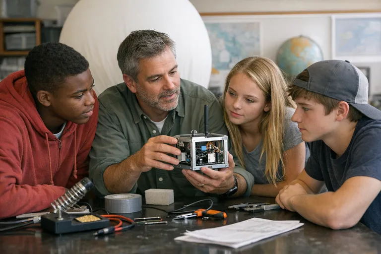 A teacher and three students stand around a classroom lab table, inspecting a small experiment prototype beside sensors, wires, and tools.
