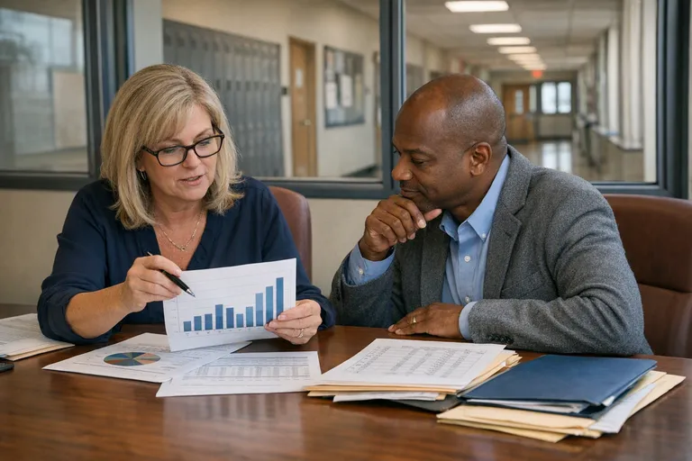 Two school staff members review budget papers at a conference table in a district office, with a hallway visible through interior windows behind them.