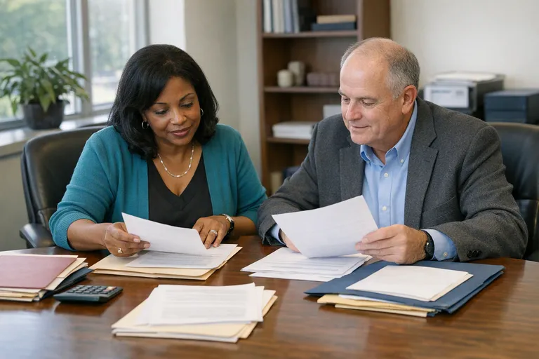 Two college administrators review program documents at a conference table in a campus office.