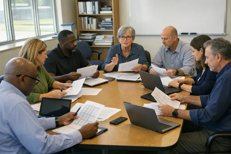 School administrators and IT staff sit around a conference table reviewing software lists and laptops in a district office.