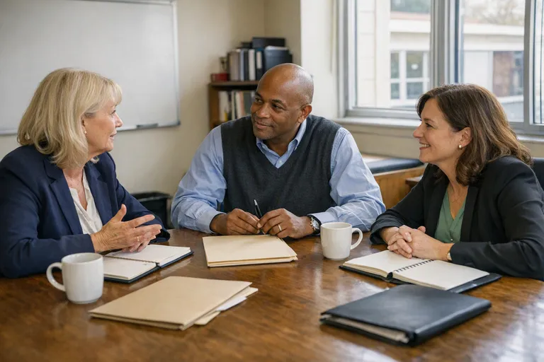 Three school leaders sit around a meeting table in a school conference room, reviewing folders and talking.