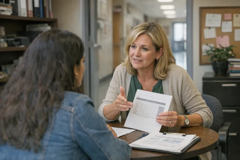 A school counselor and a parent sit at a small table in a school office, talking with papers between them while a hallway is visible in the background.
