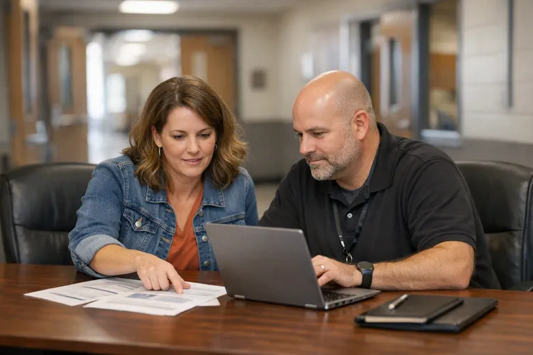 A teacher and a district technology administrator sit at a conference table with a laptop and papers in a school office, with a school hallway in the background.
