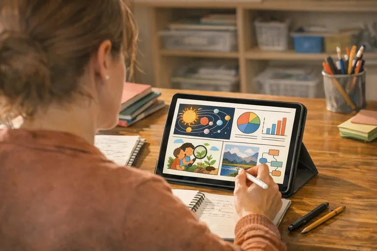 An over-the-shoulder view of a teacher using a tablet at a classroom desk with a lesson slide made of diagrams and drawings, surrounded by notebooks and a stylus.