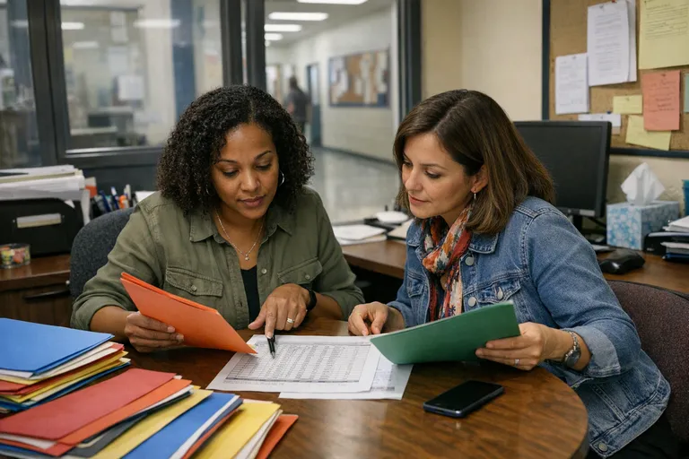A school support staff member and a nonprofit liaison sit at a desk in a school office, reviewing color-coded folders and a printed chart.