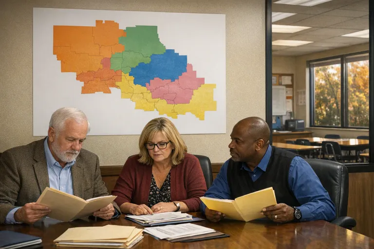 Three school district administrators review folders at a conference table while looking at an unlabeled wall map, with an empty classroom visible through a glass window behind them.