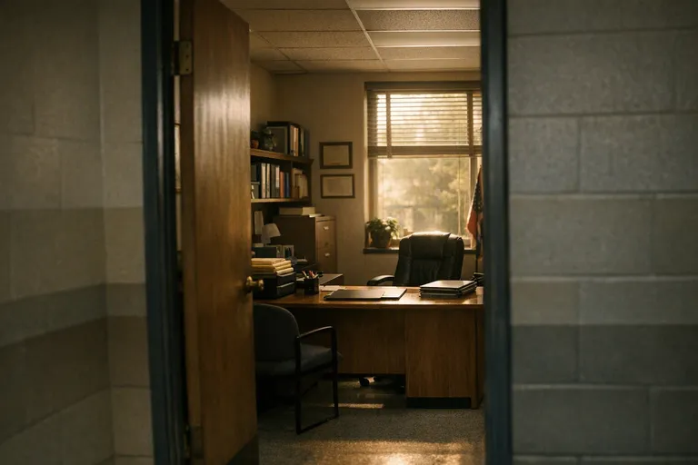 An empty school office viewed from a hallway, with a desk, chair, and folders in soft afternoon light.