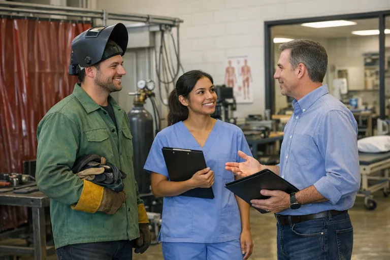 An advisor meets with two adult students, one in welding gear and one in healthcare scrubs, inside a community college technical training center with workshop and lab equipment nearby.