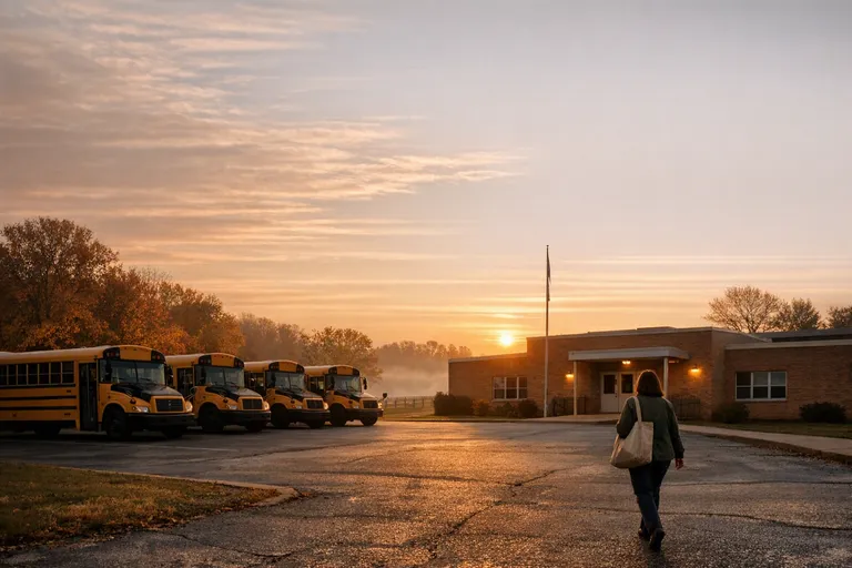 A teacher walks toward a quiet school entrance at sunrise while several yellow buses are parked nearby.