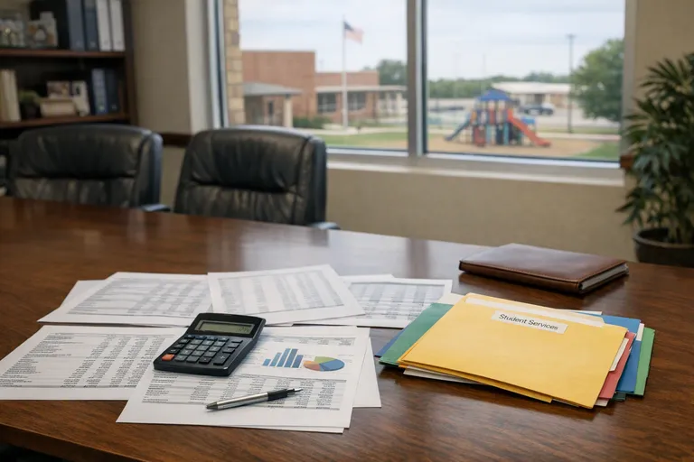 A school district office conference table with printed budget pages, folders, and a calculator near a window overlooking a campus.