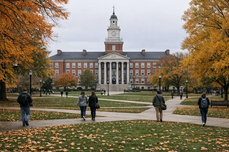 Students and staff walk across a campus quad toward a red-brick university building beneath autumn trees.