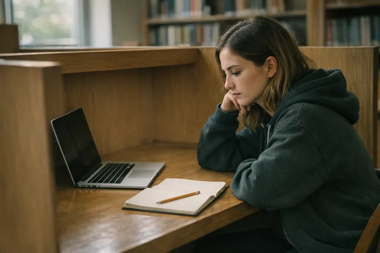 A college student sits alone at a library desk with an open laptop, notebook, and pencil in soft afternoon light.