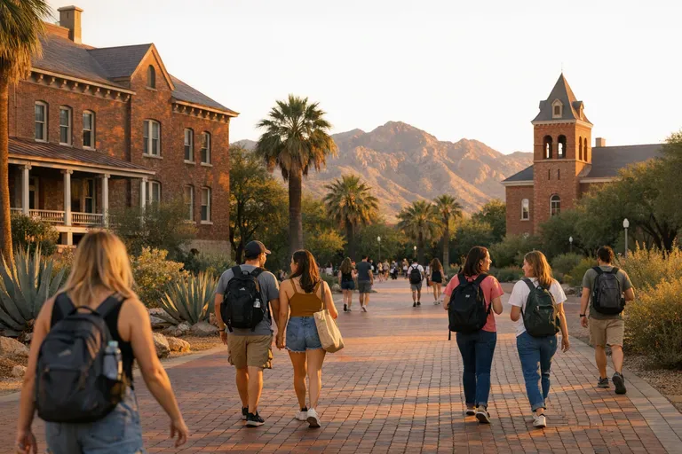 Several students walk across a red-brick campus quad between historic university buildings and desert trees in warm evening light.