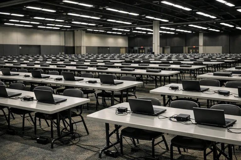 Rows of empty exam tables with closed laptops and chairs inside a convention center hall.