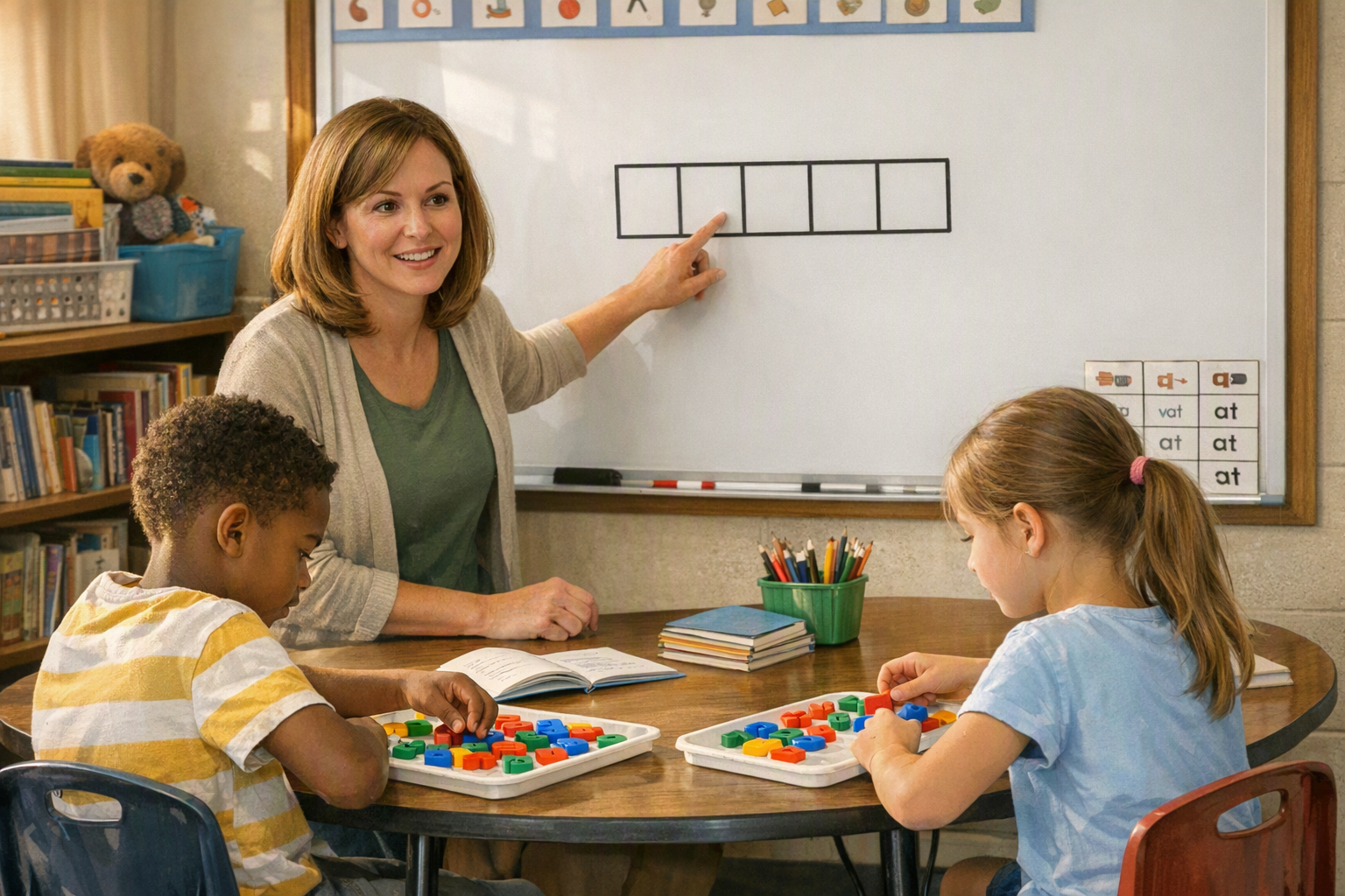 A teacher leads two young students in a small-group reading lesson beside a whiteboard with an empty five-box grid while magnetic letters sit on the table.
