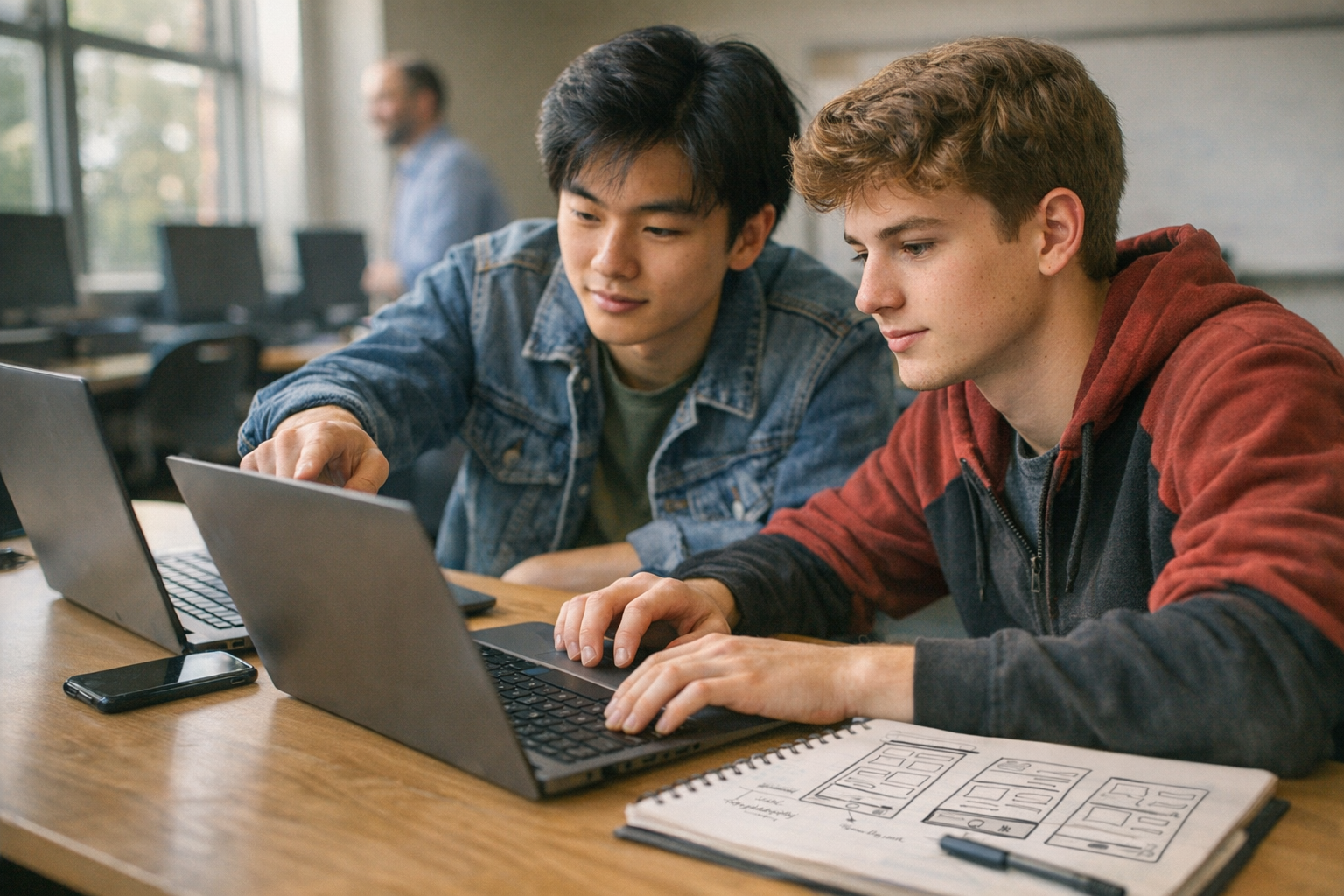 Two students work together on laptops in a school computer lab, with a notebook of app sketches on the desk and a teacher in the background.