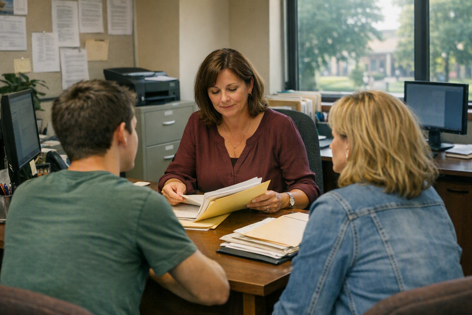 A financial aid counselor sits at a desk with paper folders while a student and parent meet in a campus office with daylight coming through the window.