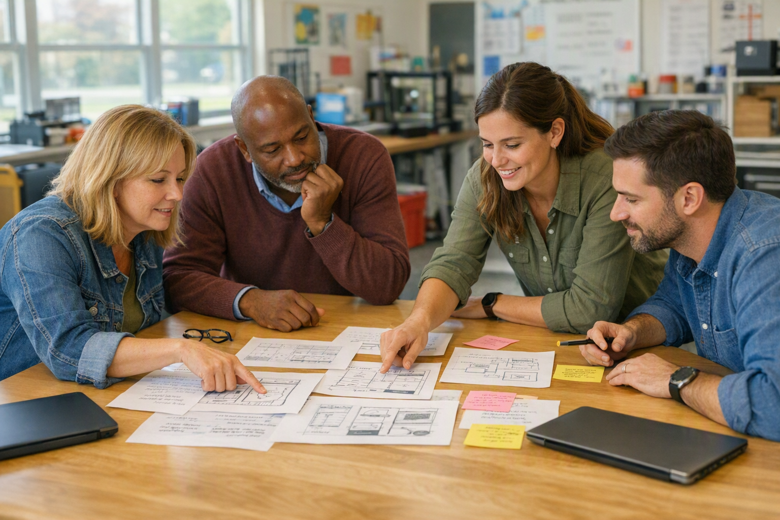 A group of educators and designers sit around a table in a bright workspace, looking over printed mockups and notes.