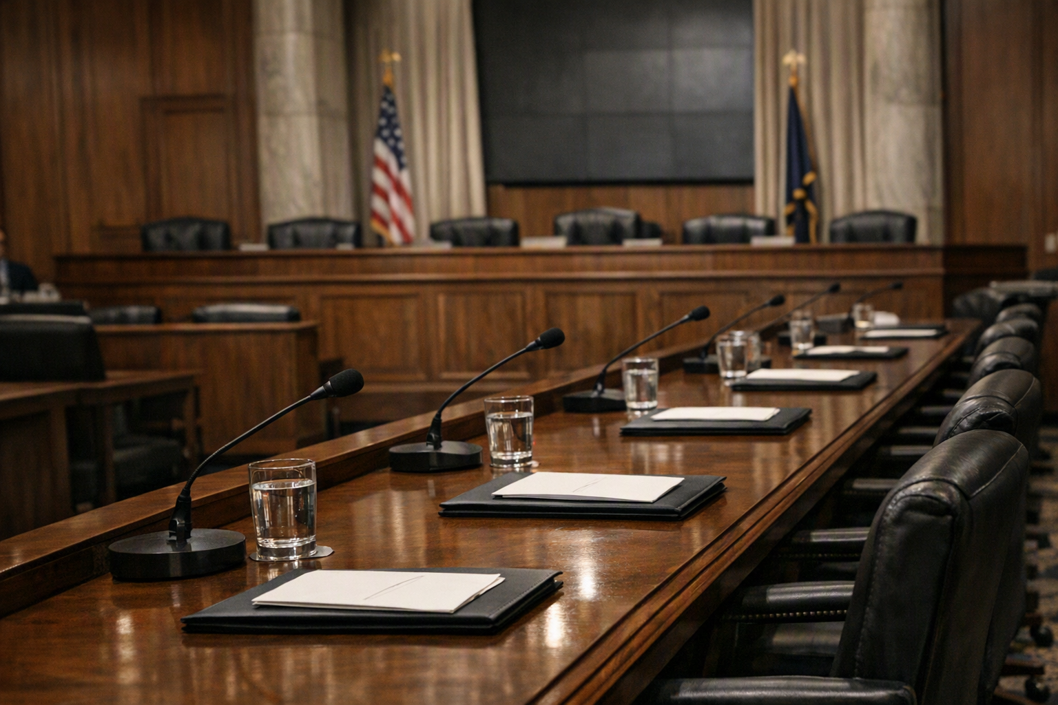 A formal hearing room with a long table, microphones, folders, water glasses, and empty chairs.