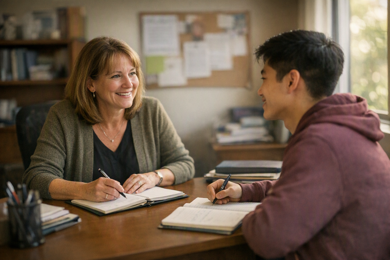 A college advisor and student sit across a desk in a quiet campus advising office with notebooks open and soft afternoon light.