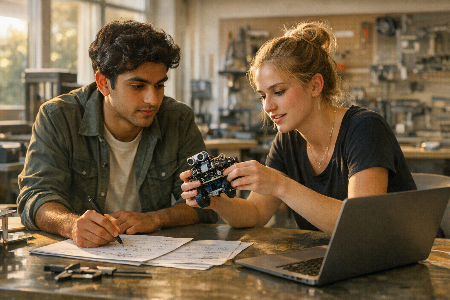 Two student founders sit at a worktable in a campus makerspace, discussing a prototype and notes beside a laptop.