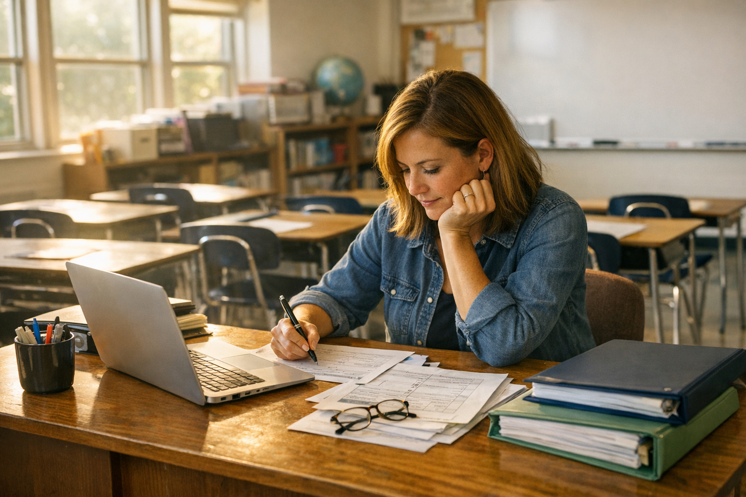A teacher sits at a classroom desk with a laptop and lesson materials in an empty room lit by soft daylight.