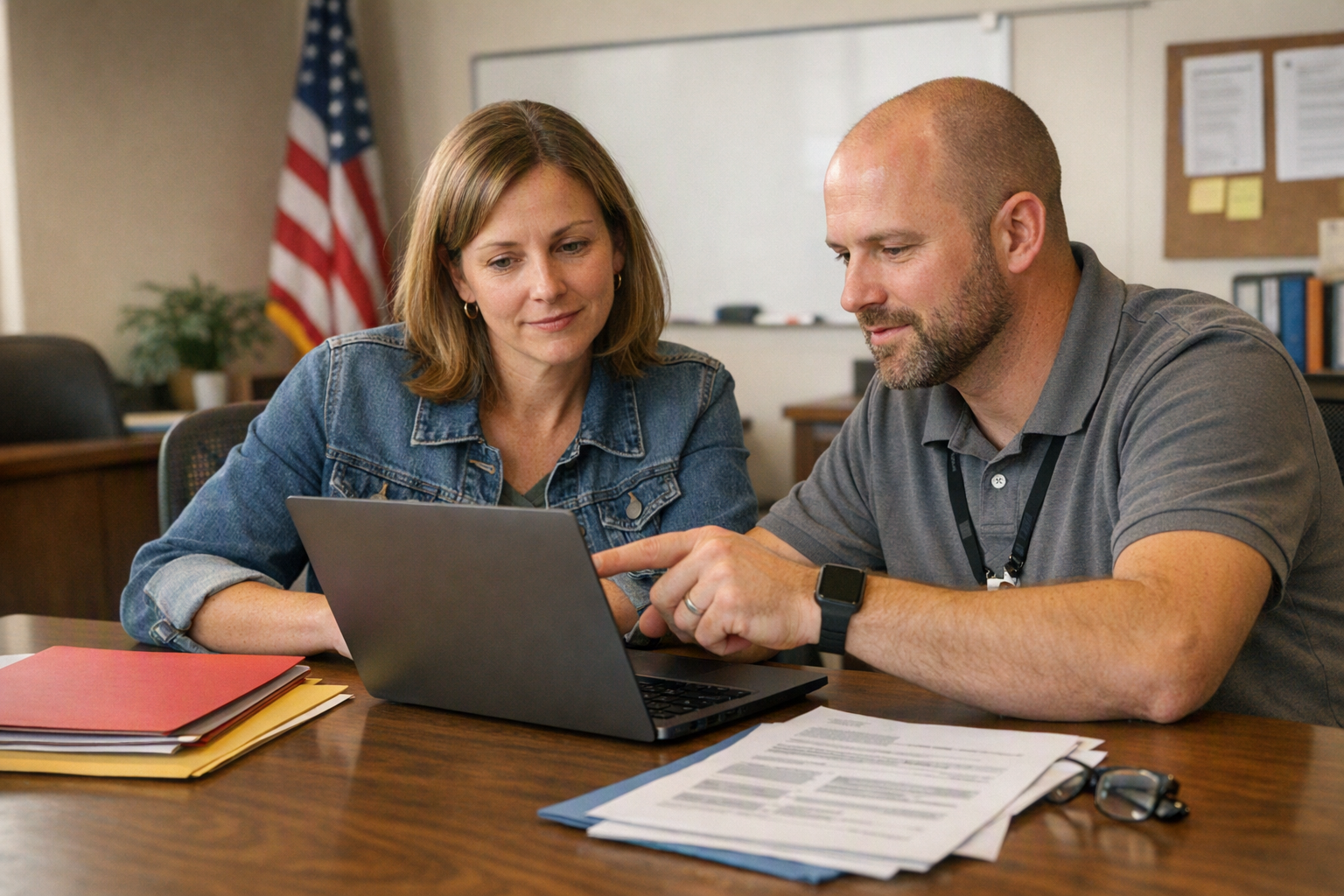 A teacher and a school IT administrator sit at a conference table with a laptop in a district office.