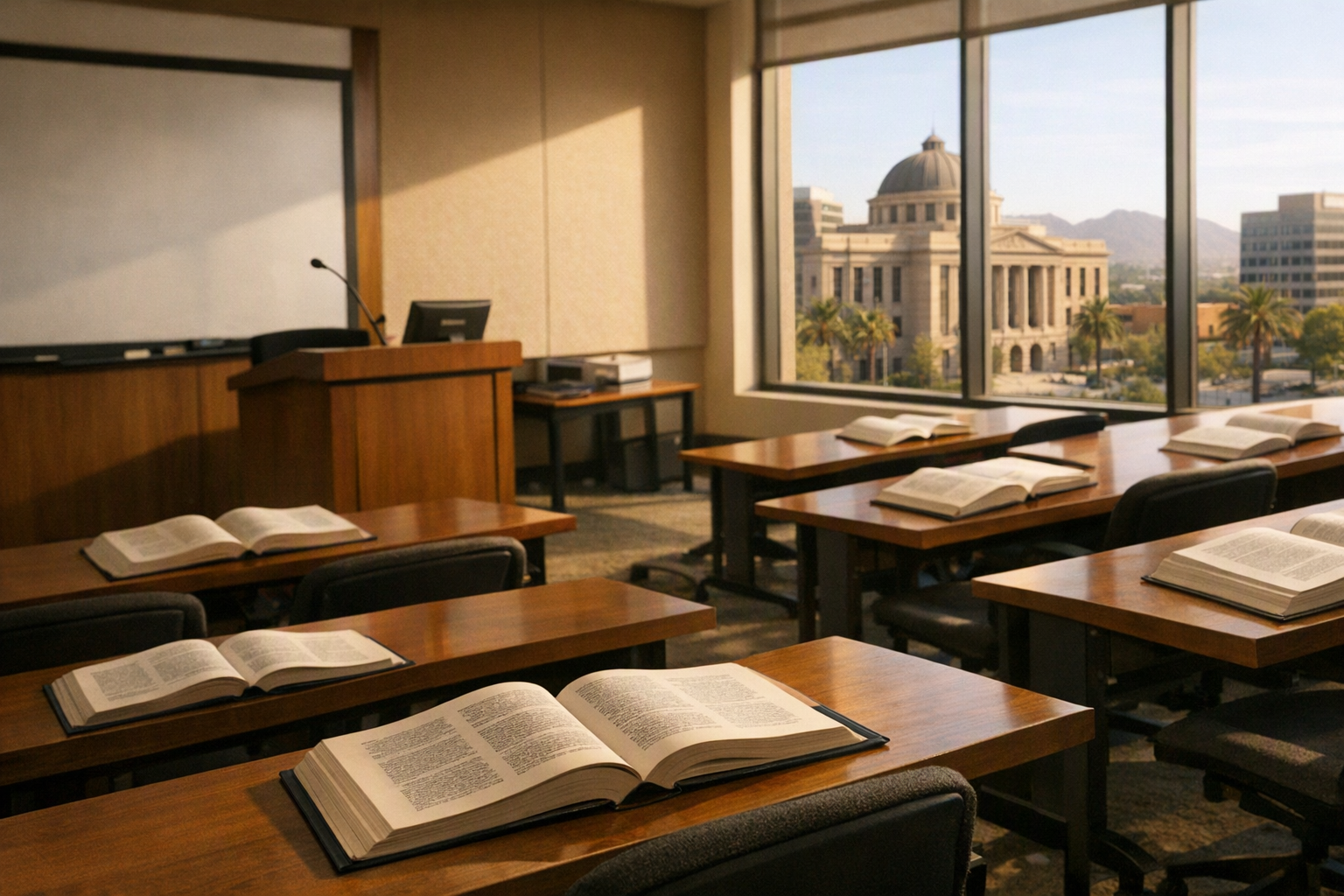 A sunlit law classroom with desks, open books, an empty lectern, and a courthouse building in the distance.